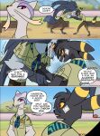 2026 absurd_res ambiguous_gender anthro anthrofied badge bandage bandage_on_face black_body clothed clothing comic dialogue digital_media_(artwork) dust eeveelution english_text generation_2_pokemon generation_3_pokemon generation_5_pokemon grauf_(odeko-yma) growling harmony_scarf head_to_head hi_res lucky_(odeko-yma) male mienshao mightyena nintendo odeko-yma open_mouth pokemon pokemon_(species) pokemon_mystery_dungeon pokemorph red_eyes signature speech_bubble spike_chunsoft talking_to_another text umbreon uniform wrestling yellow_sclera