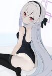  1girl ass bare_shoulders black_bow black_hairband black_one-piece_swimsuit black_thighhighs blue_archive blush bow breasts double-parted_bangs grey_hair hair_between_eyes hair_bow hairband halo highres kei_(blue_archive) kei_(student)_(blue_archive) long_hair long_hair_between_eyes looking_back mimi_ari_mimi_nashi_mimi_mimi one-piece_swimsuit pink_eyes pink_halo rectangular_halo school_swimsuit simple_background sitting small_breasts solo swimsuit thighhighs very_long_hair wariza white_background white_hair 
