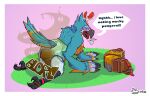 abdl anthro avian bird blue_body blush breath_of_the_wild chest_tuft clothed clothing concertina diaper english_text fart feathers feces flustered hi_res jewelry kass_(tloz) kneeling male messy muscular muscular_male nintendo partially_clothed pooping slinkzstinkz smelly soiled_diaper soiling solo speech_bubble stink_fumes text the_legend_of_zelda tongue tongue_out tuft unclean_diaper used_diaper wearing_diaper