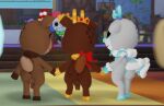 3d_(artwork) anthro antlers anus arthropod blue_anus blue_horn blue_urethra blushcrunch_studio brown_body brown_fur cape cardboard_cutout carpeted_floor cephalopod_shell christmas clothing crown dandy's_world dandy_(dandy's_world) deer digital_media_(artwork) dinosnarlz female flutter_(dandy's_world) foreground_spectators fur genitals glowing glowing_nose glowing_urethra gold_accents grey_body grey_fur group hand_holding headgear holidays hooves horn humanoid insect male male/male mammal markings mollusk_shell new_world_deer on_model penis rear_view reindeer roblox rudie_(dandy's_world) shell shelly_(dandy's_world) short_tail spots spotted_markings tail toon_(dandy's_world) trio walking wings yellow_body yellow_fur yellow_horn yellow_urethra