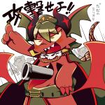 1:1 2025 2_mouths anthro bayachao belly_mouth biped black_horn blush blush_stickers bottomwear cannon cape cel_shading claws clothed clothing colored d_red_(devil_connection) demon devil_connection dialogue digital_media_(artwork) dragon ear_frill finger_claws frill_(anatomy) front_view gesture green_bottomwear green_cape green_clothing green_eyes green_hair green_hat green_headwear green_loincloth group gun hair hand_gesture hand_on_hip hat headgear headwear heterochromia holding_gun holding_object holding_ranged_weapon holding_rifle holding_weapon horn horn_markings japanese_text jewelry kemono loincloth makemon male male_anthro markings membrane_(anatomy) membranous_wings military military_cap monotone_tail multi_mouth mythological_creature mythological_scalie mythology necklace open_mouth open_smile pointing ranged_weapon red_body red_claws red_eyes red_tongue red_wings rifle scales scalie scaly_tail shaded sharp_teeth simple_background skull_necklace smile smoking_pipe solo_focus standing tail teeth text tongue tongue_out topless topless_anthro topless_male translated trio weapon white_background wings