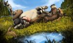 animal_genitalia animal_penis asinus balls big_balls brown_body brown_fur digital_media_(artwork) donkey equid equine equine_genitalia equine_penis eyes_closed feral folded_legs fur genitals hair hi_res hooves huge_balls lying_on_ground male mammal meadow nude on_ground orange_body orange_fur orange_hair penis pond sean_(kofichee) solo striped_body striped_fur stripes tail venlightchaser
