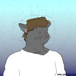 1:1 anthro brown_hair bust_portrait clothed clothing coffee_mug digital_drawing_(artwork) digital_media_(artwork) domestic_cat eyes_closed felid feline felis fur gradient_background grey_body grey_fur hair hi_res male mammal mouth_closed portrait shirt short_hair simple_background simple_coloring solo three-quarter_view tired tired_eyes topwear white_clothing white_shirt white_topwear your_average_joe