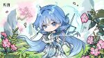  1girl ahoge blue_hair breasts chibi chibi_only chinese_commentary closed_mouth commentary_request day dress earrings fiery_horns flower forehead_tattoo from_side hair_intakes hair_ornament hair_stick highres holding holding_sword holding_weapon horns jewelry logo long_hair looking_at_viewer looking_to_the_side medium_breasts official_art outdoors petals pink_flower pink_petals qingxiao_(wuthering_waves) smile solo standing sword sword_fingers tattoo turning_head weapon white_dress wuthering_waves 