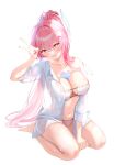  1girl aemeath_(wuthering_waves) alternate_costume arm_up bikini blush breasts cleavage commentary fingernails grin hair_ornament highres large_breasts long_hair looking_at_viewer nail_polish orange_eyes pink_hair pink_nails ponytail raurashun seiza shirt simple_background sitting smile solo strapless strapless_bikini swimsuit tacet_mark_(wuthering_waves) v wet white_background white_bikini white_shirt wuthering_waves 