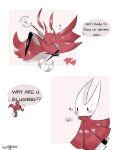 2026 absurd_res antennae_(anatomy) anthro arthropod blush blushing_profusely bodily_fluids breath cloak clothing comic confusion dialogue digital_drawing_(artwork) digital_media_(artwork) dress duo english_text eyelashes female fight flower heart_symbol hi_res holding_object holding_weapon hollow_knight:_silksong hollow_knight_(franchise) hornet_(hollow_knight) injuryexpert2656 jumping landing love panting plant red_cloak red_clothing red_dress signature simple_background skarr skarrsinger_karmelita speech_bubble sweat sweatdrop team_cherry text weapon