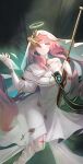  1girl absurdres aki_(xhs_428379286) ambience_synesthesia angel arknights breasts chinese_commentary commentary_request detached_wings facial_mark gold_tears gun halo highres holding holding_weapon lemuen_(arknights) lemuen_(requiem_vesperis)_(arknights) long_hair medium_breasts official_alternate_costume pink_hair rifle sniper_rifle solo star_pendant teardrop_facial_mark veil very_long_hair weapon white_veil wings 