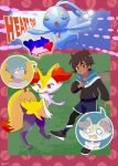 2023 absurd_res ambiguous_anthro ambiguous_gender anthro axel_(poke789) biped blush bodily_fluids body_swap border braixen canid clothed clothed_human clothed_male clothing cute_fangs digital_media_(artwork) digitigrade dipstick_tail duo_focus english_text fangs front_view generation_4_pokemon generation_6_pokemon group heart_swap hi_res human legendary_pokemon male male_human mammal manaphy markings midair nintendo object_in_tail outside pokemon pokemon_(species) pokemon_trainer red_border side_view standing stick stick_in_tail tail tail_markings tears teeth text trio zigrock001