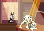 101_dalmatian_street 101_dalmatians bedroom_eyes canid canine canis covering covering_crotch dalmatian delilah_(101_dalmatians) disney domestic_dog duo embarrassed erection female feral flirting foxretro hansel_(101_dalmatians) hi_res husky imminent_sex male male/female mammal narrowed_eyes nordic_sled_dog seductive siberian_husky spitz unwanted_erection