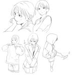  0820_lakia 1girl blazer closed_mouth collared_shirt commentary_request cropped_legs cropped_torso food greyscale hands_in_pockets highres holding hood hood_up hoodie jacket korean_commentary long_sleeves looking_at_viewer monochrome multiple_views necktie original pleated_skirt popsicle school_uniform shirt short_hair shorts simple_background skirt sleeveless standing sweat sweatdrop white_background 