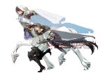 2boys adventurer_(ff14) ardbert_hylfyst arm_up armor black_boots blue_eyes boots brown_gloves brown_hair cape centaur chinese_commentary clenched_hand commentary_request commission dagger final_fantasy final_fantasy_xiv fingerless_gloves full_body gauntlets gloves greaves hair_between_eyes highres hood hood_up hooded_cape hooves horse_tail hyur knife looking_at_viewer male_focus monster_boy monsterification multiple_boys octagon_(niconekohaco) open_mouth parted_lips sheath sheathed shirt short_hair short_sleeves sidelocks simple_background smile standing standing_on_one_leg tail taur warrior_of_light_(ff14) watermark weapon white_background white_cape white_shirt 