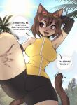 2026 absurd_res anthro bangs beach big_butt big_eyes bottomwear breasts brown_hair brown_tail butt camel_toe canid canine clothed clothing darlixi dialogue ears_up eyewear female gameoverse genital_shot genitals glitch_productions goggles hair hi_res holding_leg humanoid kit_bodega mammal nipples on_one_leg presenting red_eyes shorts sky small_waist smile solo spandex spandex_shorts speech_bubble standing tail thick_thighs tight_bottomwear tight_clothing tight_shorts vulva vulva_shot waist wide_hips
