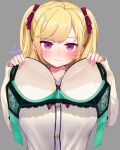  1girl :t ahoge alternate_breast_size_(larger) artist_name blonde_hair blush bra breasts brown_cardigan buttons cardigan commentary_request dress_shirt festa11307070 green_bra grey_background holding holding_bra holding_underwear holding_unworn_clothes large_breasts long_hair long_sleeves looking_at_viewer nervous_smile nijisanji official_alternate_costume paid_reward_available presenting_bra red_eyes school_uniform shirt signature simple_background smile solo straight-on takamiya_rion takamiya_rion_(6th_costume) twintails underwear unworn_bra upper_body variant_set virtual_youtuber wavy_mouth white_shirt 