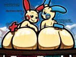 4:3 ambiguous_gender anthro big_butt bite biting_lip blush bodily_fluids breasts butt dialogue duo fem female generation_3_pokemon heart_symbol hi_res huge_butt minun ng_back nintendo onomatopoeia plusle pokemon pokemon_(species) sinflative sitting sound_effects sweat sweaty_back sweaty_butt sweaty_face text