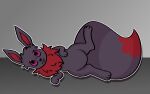 16:10 3_toes big_tail black_body black_fur black_nose black_paws cat_smile dipstick_tail eevee feet female feral flower_tail fluffy fluffy_chest fluffy_tail freyadearest fur generation_1_pokemon healpony long_ears looking_at_viewer lying markings nintendo on_side outline pokemon pokemon_(species) purple_eyes purple_sclera red_body red_fur red_inner_ear red_tail_tip red_tuft simple_background smile solo tail tail_markings toes tuft widescreen
