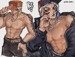  1boy abs alternate_costume arm_tattoo artist_name baseball_cap belt black_jacket blonde_hair blue_hair brown_shorts character_name closed_mouth facepaint hand_on_own_face hand_on_own_thigh hat highres jacket jewelry jojo_no_kimyou_na_bouken male_focus medium_hair multiple_views naru_tomaki navel necklace open_clothes open_jacket paco_laburantes purple_eyes shorts shoulder_tattoo simple_background solo solo_focus tattoo the_jojolands topless_male white_background wristband 