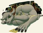 2026 absurd_res anthro auri_(thehuskylord) big_breasts big_butt bikini black_hole bovid breast_squish breasts butt caprine clothing condom digital_drawing_(artwork) digital_media_(artwork) female goat green_eyes hi_res horizontal_pupils horn huge_butt looking_at_viewer lying mammal nebula on_ground pole pupils sexual_barrier_device shaded simple_background solo space squish star stripper_pole swimwear thehuskylord two-piece_swimsuit white_background wide_hips yellow_bikini yellow_clothing yellow_swimwear