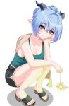  1girl absurdres animal_ears blue_hair blush braid breasts cleavage commentary goat_ears goat_girl goat_horns green_eyes hair_between_eyes highres holding horns large_breasts long_hair looking_at_viewer lucia_elowen maxwelzy open_mouth pointy_ears smile solo yellow_eyes zenless_zone_zero 