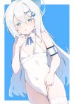  1girl absurdres adjusting_clothes adjusting_swimsuit aori_(binnoaori) ass_visible_through_thighs blue_archive blue_background blue_eyes blue_halo blue_ribbon blush border breasts casual_one-piece_swimsuit collar colored_eyelashes commentary_request covered_navel detached_collar double-parted_bangs green_eyes groin hair_ornament halo hand_to_own_mouth heart heart-shaped_pupils highleg highleg_one-piece_swimsuit highres long_hair multicolored_eyes neck_ribbon one-piece_swimsuit orca_hair_ornament outside_border ribbon sayuri_(blue_archive) simple_background small_breasts solo standing swimsuit symbol-shaped_pupils thigh_gap thigh_strap thighs white_background white_border white_collar white_eyelashes white_hair white_one-piece_swimsuit x_hair_ornament 
