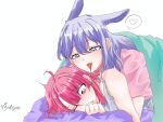  2girls absurdres ahoge animal_ears bang_dream! bang_dream!_yumemita bare_shoulders blush collar commentary grey_tank_top hand_to_own_mouth highres laikanasya40538 long_hair looking_at_another lying_on_person miyanaga_nonoka multiple_girls one_eye_closed pink_collar pink_eyes pink_hair purple_hair rabbit_ears red_eyes saliva saliva_trail sengoku_yuno shared_blanket short_sleeves signature simple_background tank_top tongue tongue_out untranslatable_commentary upper_body white_background yuri 