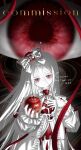  1girl absurdres albino apple bow closed_mouth colored_skin commentary dress english_text food frills fruit hair_between_eyes hair_bow highres hist_sg holding holding_food holding_fruit long_hair long_sleeves looking_at_viewer original pale_skin pointy_ears red_eyes red_nails solo striped_bow very_long_hair white_bow white_dress white_hair white_skin 