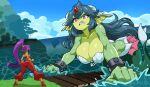 2026 about_to_fight accessory angry aquatic big_breasts big_butt bra breasts butt cleavage clothed clothing cloud cuff_(restraint) digital_drawing_(artwork) digital_media_(artwork) duo ear_fins ear_piercing ear_ring eyelashes fangs female female_humanoid fin fish_tail forehead_gem fur gem genie giga_mermaid glistening glistening_breasts gold_(metal) gold_jewelry green_body green_hair hair hair_accessory hi_res huge_breasts humanoid humanoid_pointy_ears jewelry long_hair macro_female macro_humanoid meralo merfolk mind_control mind_controlled multicolored_body pearl_(gem) piercing pink_body pointy_ears ponytail purple_body purple_fur red_eyes restraints ring_piercing sea seashell seashell_bra shantae shantae_(series) shell size_difference sky smaller_female smaller_humanoid split_form tan_body teeth tied_hair topwear tube_top underwear water wayforward wrist_cuffs