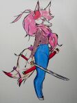 absurd_res anthro bottomwear cafecat canid canine clothing denim denim_bottomwear denim_clothing epic_games eye_scar facial_scar female fortnite fox fur hair hi_res jeans katana kimiko_five-tails looking_at_viewer mammal melee_weapon pants pink_hair red_body red_fur scar solo sword weapon white_body