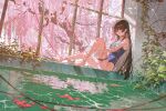  1girl ai-generated black_hair cherry_blossoms chisa_(wuthering_waves) chisaka_(binbinsuke) commentary_request flower highres long_hair petals pink_flower pool red_eyes red_ribbon ribbon school_swimsuit solo swimsuit window wuthering_waves xenomorph-121 