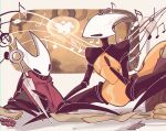 anthro arthropod backpack beads cloak clothing crouching detailed_background digital_drawing_(artwork) digital_media_(artwork) duo female hi_res hollow_knight:_silksong hollow_knight_(franchise) hornet's_needle hornet_(hollow_knight) looking_at_another mixiepixiie musical_note musical_symbol narrowed_eyes paper playing_music prayer_beads red_cloak red_clothing rosary scroll segmented_body shakra_(hollow_knight:_silksong) singing sitting sitting_on_ground spread_legs spreading symbol team_cherry weapon