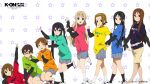  6+girls :d akiyama_mio aqua_shirt belt black_hair black_sleeves black_socks blonde_hair blue_eyes blue_shirt blue_skirt brown_eyes brown_hair closed_eyes closed_mouth clothes_writing copyright_name copyright_notice everyone game_asset glasses green_shirt grin hair_between_eyes hair_ornament hair_ribbon hairband hairclip happy highres hirasawa_ui hirasawa_yui horiguchi_yukiko k-on! kneeling kotobuki_tsumugi long_hair long_sleeves looking_at_viewer lying manabe_nodoka matching_outfits medium_skirt miniskirt multiple_girls nakano_azusa non-web_source official_art on_side open_mouth orange_shirt parted_lips pink_shirt pleated_skirt red-framed_eyewear red_shirt ribbon self-datamine semi-rimless_eyewear shirt shoes short_hair sidelocks skirt smile socks standing standing_on_one_leg star_(symbol) star_symbol_background t-shirt tainaka_ritsu teeth thick_eyebrows twintails upper_teeth_only v white_background white_shoes white_socks yamanaka_sawako yellow_hairband yellow_ribbon yellow_shirt 