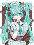  1girl :o absurdres apron aqua_bow aqua_eyes aqua_hair aqua_necktie aqua_trim bow brown_bow brown_corset brown_dress candy chocolate commentary corset crossed_bangs double-parted_bangs dress earrings food food-themed_hair_ornament frilled_apron frills hair_between_eyes hair_ornament hand_up hatsune_miku heart heart-shaped_chocolate heart-shaped_food heart_earrings heart_hair_ornament highres holding holding_chocolate holding_food holding_tray jewelry long_hair looking_at_viewer macaron_hair_ornament maid maid_apron maid_headdress mint_chocolate necktie parted_lips puffy_short_sleeves puffy_sleeves ribbon-trimmed_headwear ribbon_trim shiina_(qh38crgwgf1yeut) short_sleeves solo striped_sleeves tray twintails upper_body vertical-striped_sleeves vocaloid white_apron white_wrist_cuffs wrist_cuffs x_hair_ornament 