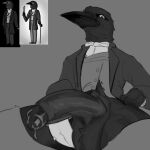 1:1 absurd_res anthro avian balls beak bird bodily_fluids cloth corvid corvus_(genus) crow deader genital_fluids genitals glans grey_background greyscale half-erect hi_res knife leaking_precum male monochrome mr._crow oscine passerine penis precum rusty_lake simple_background solo