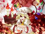  1girl blonde_hair cake candle commentary_request crystal_wings dress flandre_scarlet flower food fruit hat kyoma_(yellowxcake) mob_cap petals pillow red_dress red_eyes red_ribbon ribbon short_sleeves side_ponytail strawberry touhou vampire wings 