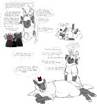 ambiguous_gender anthro bell bodily_fluids bovid caprine crown cult_of_the_lamb english_text eyes_closed female fur glowing glowing_eyes grey_body group headgear hi_res horn lamb_(cult_of_the_lamb) leshy_(cult_of_the_lamb) lying mammal massive_monster_(studio) multi_eye multi_horn nervous on_side partially_colored pregnant pregnant_anthro red_eyes restricted_palette shadow shamura_(cult_of_the_lamb) sheep simple_background smile speech_bubble sweat text thought_bubble welcometaco white_background white_body white_fur white_wool wool_(fur) yngya_(cult_of_the_lamb)