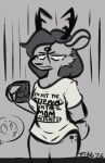 3_eyes acolyte_(feed_the_pit) anthro antlers clothed clothing deer digital_media_(artwork) english_text fan_designs feed_the_pit female fur hair horn hybrid long_hair mammal medium_(feed_the_pit) meme monochrome multi_eye novelty_clothing oversized_clothing oversized_shirt oversized_topwear pantsless reaction_shot shirt short_tail simple_background solo tail text tired_eyes topwear triblu