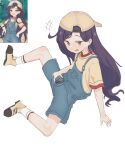  +++ 1girl backwards_hat baseball_cap blue_overalls brown_eyes hat highres konoe_ro long_hair looking_at_viewer open_mouth overall_shorts overalls purple_hair reference_inset shirt shoes short_sleeves shorts simple_background sitting smile socks solo t-shirt white_background white_socks yellow_shirt 