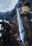  1girl absurdres black_gloves blonde_hair buttons earrings full_moon girls'_frontline girls'_frontline_2:_exilium gloves green_eyes hair_between_eyes highres holding holding_sword holding_weapon jewelry long_hair looking_at_viewer moon night ponytail puffy_sleeves qual1a sextans_(girls'_frontline_2) solo sword weapon 