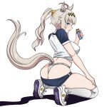  1girl :t ahoge alternate_hairstyle animal_ears ass blue_eyes blue_pupils breasts brown_hair buruma buruma_pull closed_mouth clothes_pull commentary english_commentary food full_body grey_hair gym_shirt gym_uniform hair_ornament hand_on_own_leg hand_up high_ponytail highres holding holding_food horse_ears horse_girl horse_tail j_(jojoon02) kneeling large_breasts long_hair looking_at_viewer multicolored_hair oguri_cap_(umamusume) over-kneehighs panties ponytail shirt shoe_soles shoes short_sleeves sideways_glance simple_background solo tail taut_clothes taut_shirt thighhighs umamusume underwear white_background 