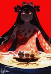  1girl :3 asahina_sho black_hair boat bright_pupils chiikawa chiikawa_(character) closed_mouth colored_skin commentary_request giant giantess hachiware_(chiikawa) highres liquid_hair long_hair mermaid_(chiikawa) monster_girl partially_submerged red_background red_eyes red_skin signature simple_background siren_(chiikawa) slime_girl smile usagi_(chiikawa) very_long_hair water watercraft white_pupils 
