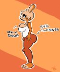 abstract_background anthro bor_(orangedo69) bottomwear breasts busty_boy_(lore) butt clothing evil_container eyelashes female hair hi_res lagomorph leporid male_(lore) mammal meme orange_background orange_body orange_bottomwear orange_clothing orange_hair orange_pants orangedo69 pants rabbit shirt side_view simple_background solo tank_top topwear watermark white_clothing white_shirt white_tank_top white_topwear