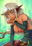absurd_res accessory aisha_clanclan animal_humanoid areola arm_warmers armwear bell bell_collar beneceadraws big_breasts braided_hair braided_ponytail breasts brown_areola brown_body brown_ears brown_nipples brown_skin clothed clothing collar facial_markings felid felid_humanoid feline feline_humanoid female forest_background glistening glistening_areola gold_headband green_clothing green_eyes hair hair_accessory hair_ring head_markings hi_res humanoid licking_wound looking_at_viewer mammal mammal_humanoid markings nipples outlaw_star paw_pose pointy_ears ponytail pose smile smiling_at_viewer solo tongue tongue_out topless wounded