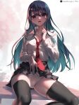 1girl aqua_eyes aqua_hair artist_name black_hair black_skirt black_thighhighs breasts clothes_lift collared_shirt colored_inner_hair commentary_request completion_time feet_out_of_frame highres kurokawa_akane lifting_own_clothes long_hair long_sleeves looking_at_viewer medium_breasts multicolored_hair necktie open_mouth oshi_no_ko panties pleated_skirt red_necktie riro_(breakthrough_rr) school_uniform shirt sitting skirt skirt_lift smile solo thighhighs twitter_x_logo underwear white_panties white_shirt 