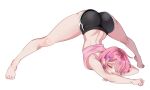  1girl absurdres ass barefoot black_bike_shorts breasts commentary_request dolphin_shorts feet highres pink_hair pink_tank_top ram_(re:zero) re:zero_kara_hajimeru_isekai_seikatsu semiesha short_hair shorts simple_background small_breasts solo spread_legs tank_top toes top-down_bottom-up white_background yoga 