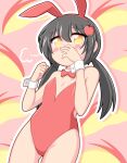  1girl absurdres animal_ear_hairband animal_ears apple_hair_ornament ass_visible_through_thighs black_hair bow bowtie commentary_request covering_own_mouth cowboy_shot detached_collar fake_animal_ears flat_chest food-themed_hair_ornament from_below hair_ornament hairband highres inatsuka_haru leotard light_blush low_twintails original pink_background playboy_bunny rabbit_ear_hairband rabbit_ears red_bow red_bowtie red_hairband red_leotard smile smug solo strapless strapless_leotard traditional_bowtie twintails white_wrist_cuffs wrist_cuffs yellow_eyes 