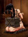  1girl arms_behind_back bdsm black_hair bleeding blood blood_on_leg blurry blurry_background bondage bound bound_arms breasts clenched_hands clenched_teeth commentary_request completely_nude convenient_hair covered_eyes full_body hair_over_eyes highres indoors ishidaki long_hair momo_kurou nude on_floor original pain parted_bangs ponytail ryona seiza shibari sitting small_breasts solo sweat teeth torture whip_marks 