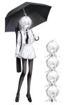  1girl absurdres albino bag black_necktie black_pantyhose closed_mouth commentary eyepatch full_body highres hist_sg holding holding_umbrella jacket loafers long_sleeves looking_at_viewer medical_eyepatch multiple_expressions multiple_views necktie original pale_skin pantyhose pleated_skirt red_eyes school_uniform shirt shoes short_hair simple_background skirt standing umbrella untranslatable_commentary white_background white_hair white_jacket white_shirt white_skirt 