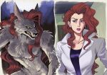 anthro canid canine canis cybersix_(copyright) elaine_(cybersix) female fur grey_body grey_fur hair hi_res human long_hair mammal mythological_canine mythological_creature mythology red_hair solo succubashe werecanid werecanine werecreature werewolf