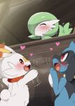 anthro blue_body blue_fur blush bodily_fluids closed_smile cute_fangs dagasi eyes_closed fangs fingers fur gardevoir generation_3_pokemon generation_4_pokemon generation_8_pokemon green_body heart_symbol hi_res humanoid mouth_closed nintendo open_mouth pokemon pokemon_(species) red_eyes riolu scorbunny sitting smile sweat teeth tongue white_body white_fur