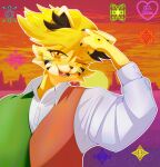 absurd_res alternate_species anthro black_markings black_nose black_whiskers blonde_hair cheek_tuft cheetah claws clothing deltarune ear_tuft eyelashes facial_markings facial_tuft fangs felid feline floral_markings flower_symbol flowery_(deltarune) furrification green_claws hair hand_on_head head_markings hi_res landscape_background looking_at_viewer male mammal markings multicolored_clothing one_eye_closed open_mouth orange_sky pupils shirt sky snout solo symbol teeth topwear tuft undertale_(series) unusual_pupils vest whiskers white_clothing white_sclera white_shirt white_topwear xmlnico yellow_body yellow_ears yellow_pupils