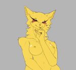 2026 anthro bedroom_eyes bite biting_lip black_eyeshadow blush breasts chest_tuft eyelashes eyeshadow felid feline female female_anthro fur fur_tuft glistening glistening_body grey_background half-length_portrait heart_emanata hi_res holding_chin inner_ear_fluff looking_at_viewer makeup mammal markings medium_breasts narrowed_eyes neck_tuft nude nude_anthro nude_female portrait red_markings red_sclera seductive sharpeyesanon simple_background solo tuft yellow_blush yellow_body yellow_fur